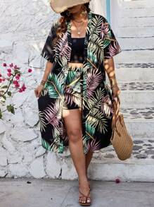 SHEIN Clasi Plus Size Summer Boho Set Of Random Printed Kimono Top And Shorts With Slant Pockets - Black - View 5