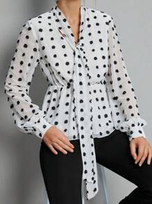SHEIN Essnce Women Blouses Ruffle Hem Polka Dot Anggun - Hitam dan Putih - View 3