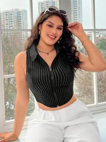 SHEIN EZwear Women's Plus Size Vertical Striped Sleeveless Turn-Down Collar Shirt