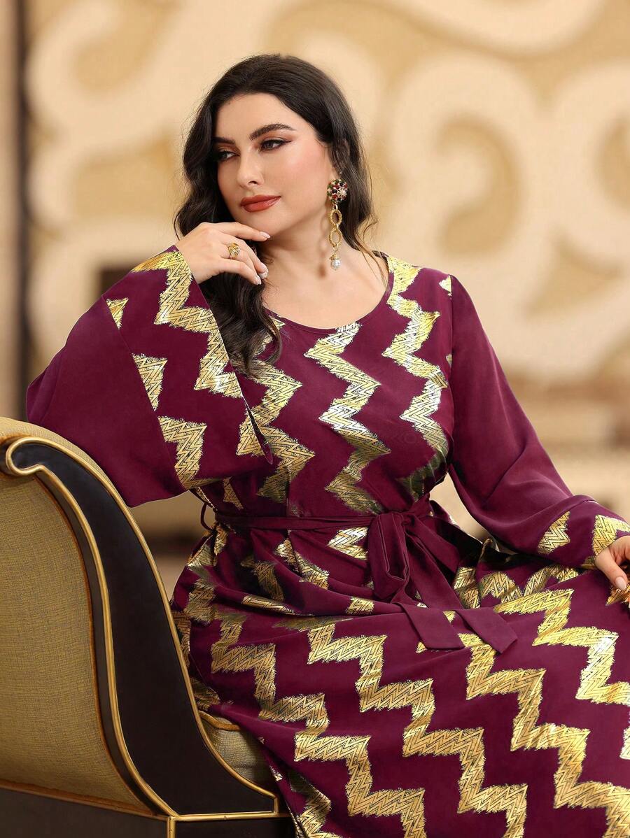 Al Najma Burgundy Red Plus Size Women's Arabic Style Long Sleeve Dress With Foil Print Herringbone Pattern