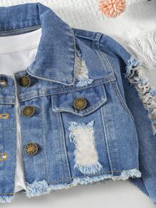 SHEIN Baby Girl Distressed Wash Street Style Denim Jacket - Medium Wash - View 5