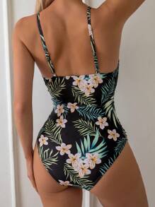 Swim Lushoire Costume da bagno intero da donna con bretelle a spaghetti e motivo casuale di piante, adatto per nuoto, vacanze, spiaggia estiva