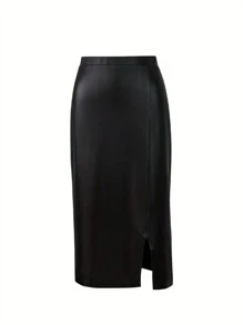 Chiquease 女款純色高開衩下擺半身裙 - 黑色 - 查看 1