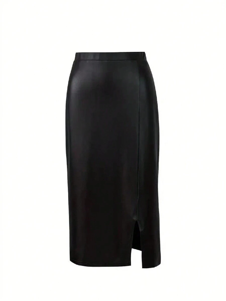 Chiquease 女款純色高開衩下擺半身裙 - 黑色 - 查看 1