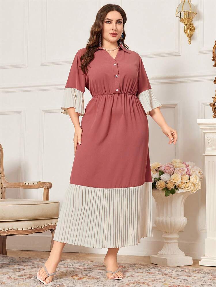 Plus Size Women's Contrast Color Pleated Hem Dress