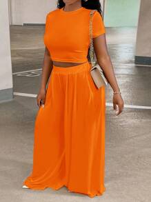 Slaydiva Conjunto De Camiseta De Manga Corta De Cuello Redondo En Color Sólido Y Pantalones Para Mujer