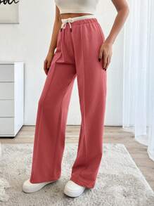 SHEIN Cottnline Drawstring Waist Pants - Watermelon Pink - View 5