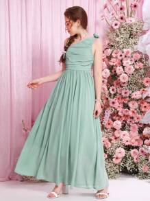 SHEIN Vestido Largo Fruncido Con Un Hombro Y Flor Tejida En 3d De Color Sólido Para Niña Adolescente - verde menta - Ver 7
