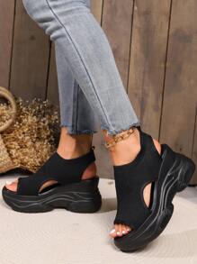 Sandalias de cuña y plataforma de mujer con cordones y calado, zapatos deportivos cómodos con suela gruesa - Negro - Ver 6