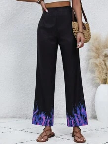 SHEIN LUNE Pantalones De Pierna Recta Con Estampado De Llama - Negro - Ver 5