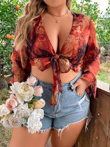 SHEIN SunnyBelle 大尺碼女士花卉印花前扣領結上衣 - 駝色 - 查看 3