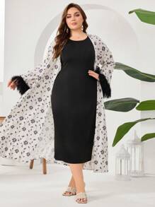 Modelyn Conjunto de 2 piezas de Chaqueta con estampado de flores y flecos y Vestido de unicolor sin mangas talla grande