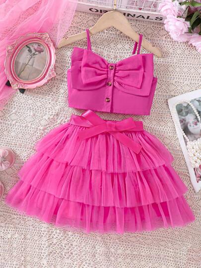 SHEIN Glamorique Kids Young Girl's Bow Detail Cami Top And Mesh Skirt 2pcs/Set