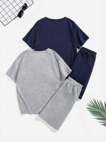 SHEIN 4 cái/bộ Cậu bé Tween Giải trí Phong cách đường phố Màu thuần Vòng cổ Ngắn tay Áo thun Với Vá chữ cái & Quần short Dệt kim In Hai Màu sắc - Nhiều màu - Xem 2