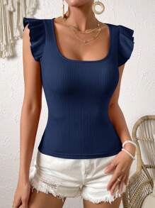 SHEIN VCAY Solid Color Ribbed Knit Cap Sleeve Tee - Blue - View 6