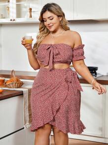 SHEIN LUNE Plus Size Boho Floral Print Off Shoulder Top With Ruffled Hem, And Wrapped Skirt Set For New Year Clothes, For Summer - Red - View 1