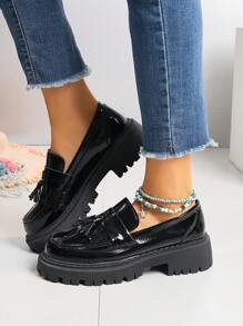 Women's Casual, Fashionable & Comfortable High Heel Thick-Soled Loafers With Tassel Design For Spring And Autumn, Wedge Heel & Thick-Soled Shoes