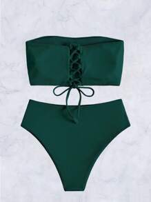 SHEIN Swim Summer Beach Women's Bandeau Bikini Set With Ribbed Design Strapless Bikini Set - Dark Green - View 2