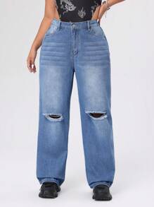 SHEIN ICON 大尺碼破洞直筒牛仔褲 - 淺色水洗藍 - 查看 5