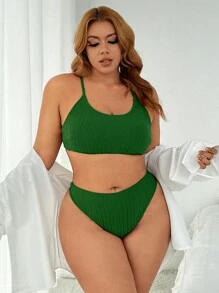 Swim SXY Women Plus Size Ladies' Solid Color Green Ribbed Bikini Set For Summer, Swimming, Beach,Summer Beach - Green - View 2