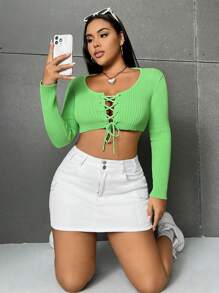 Flirla Cardigan Court Croisé De Grande Taille De Couleur Unie - Vert - Voir 6