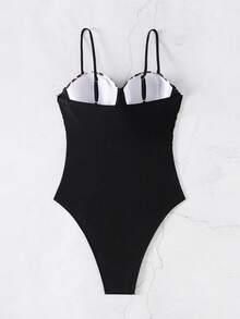 SHEIN Swim 豹紋拼接蕾絲單肩泳裝 - 彩色 - 查看 8