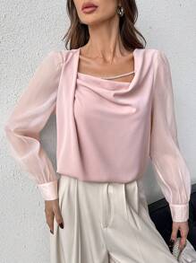 SHEIN Privé Giải trí Áo cổ bò Chèn Lace mỏng Áo sơ mi - Hồng - Xem 6