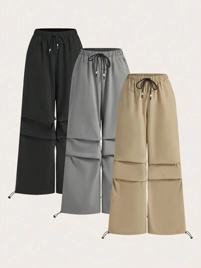 SHEIN SXY 純色寬鬆抽繩腰褶降落傘褲