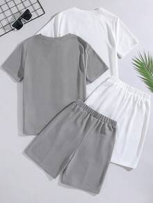 SHEIN 4入組鬆身休閒圓領針織短袖t恤和短褲套裝,適用於發育中的男孩 - 彩色 - 查看 2