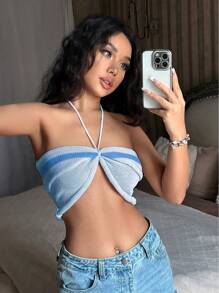 Flirla Color Block Halter Neck Knitted Top