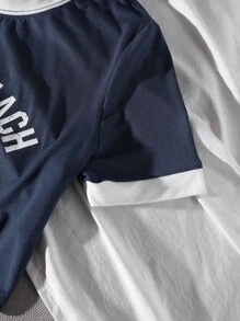 SHEIN Unity 休闲度假字母图案印花 T 恤图案 T 恤女式上衣 - 藏蓝色 - 查看 3