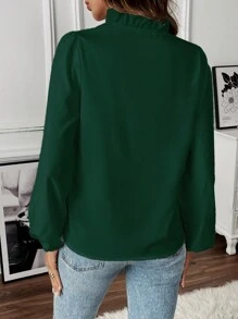 SHEIN LUNE Blusa Con Manga Farol Con Volante Y Adorno De Borde Con Color Sólido - Verde Oscuro - Ver 2