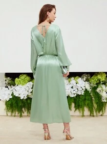 MOTF PREMIUM 絲燈籠袖扣帶連衣裙 - 綠色 - 查看 3