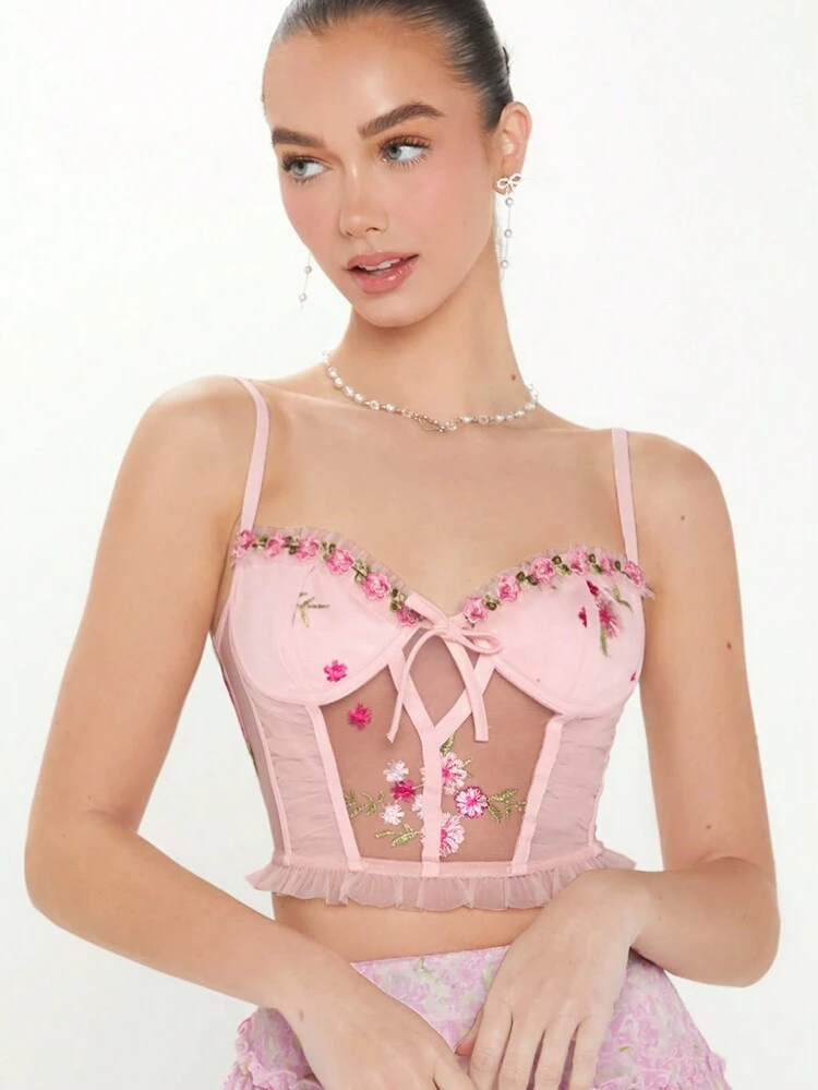 Summer Floral Embroidered Frill Hem Cami Pink Top