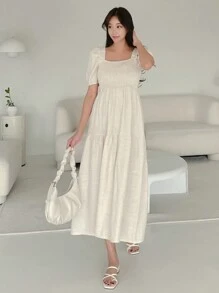 DAZY Women's Square Neckline Short Puff Sleeve Shirred Dress Sundress Linen - Apricot - View 3