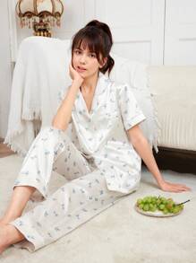 SHEIN Teenage Girls' Lapel Collar Lace Hem Ditsy Floral Printed Shirt And Pants Pajama Set