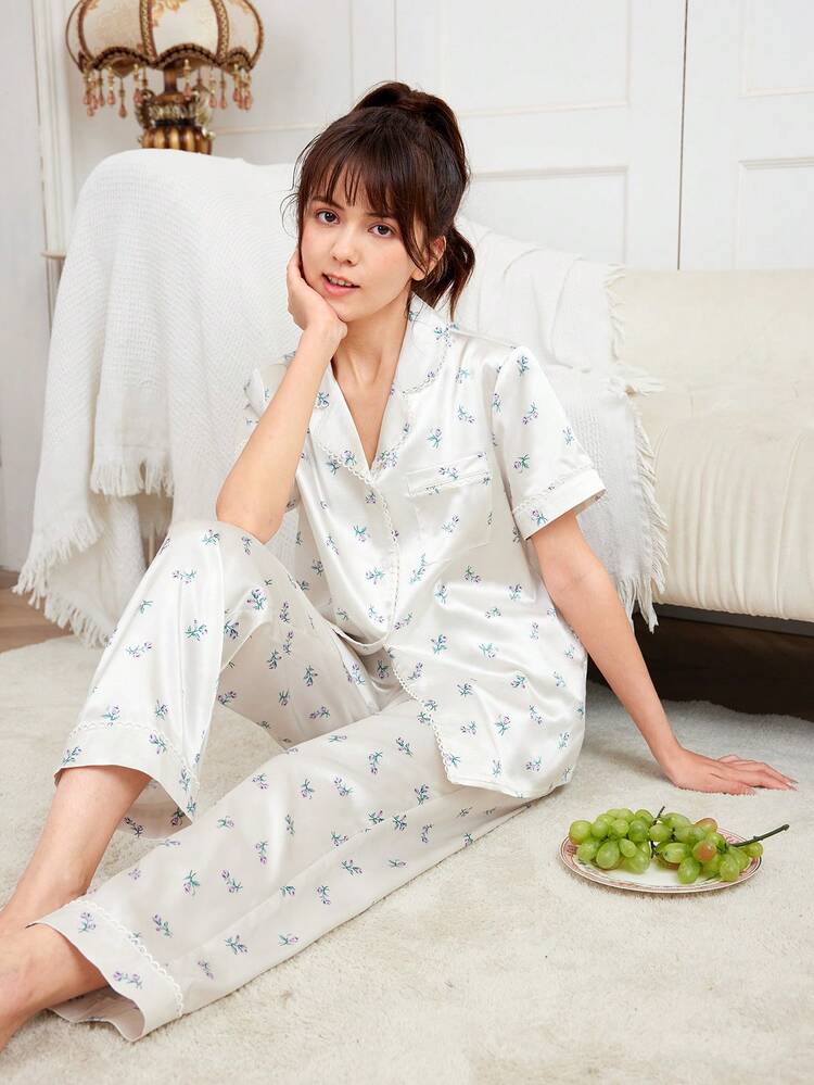Teenage Girls' Lapel Collar Lace Hem Ditsy Floral Printed Shirt And Pants Pajama Set