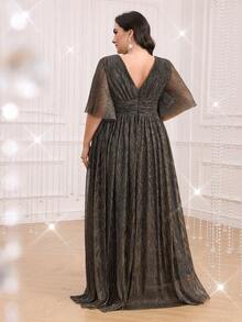 Plus Size Women Sparkling Ruffle Sleeve Long Elegant Dress - Gold - View 2