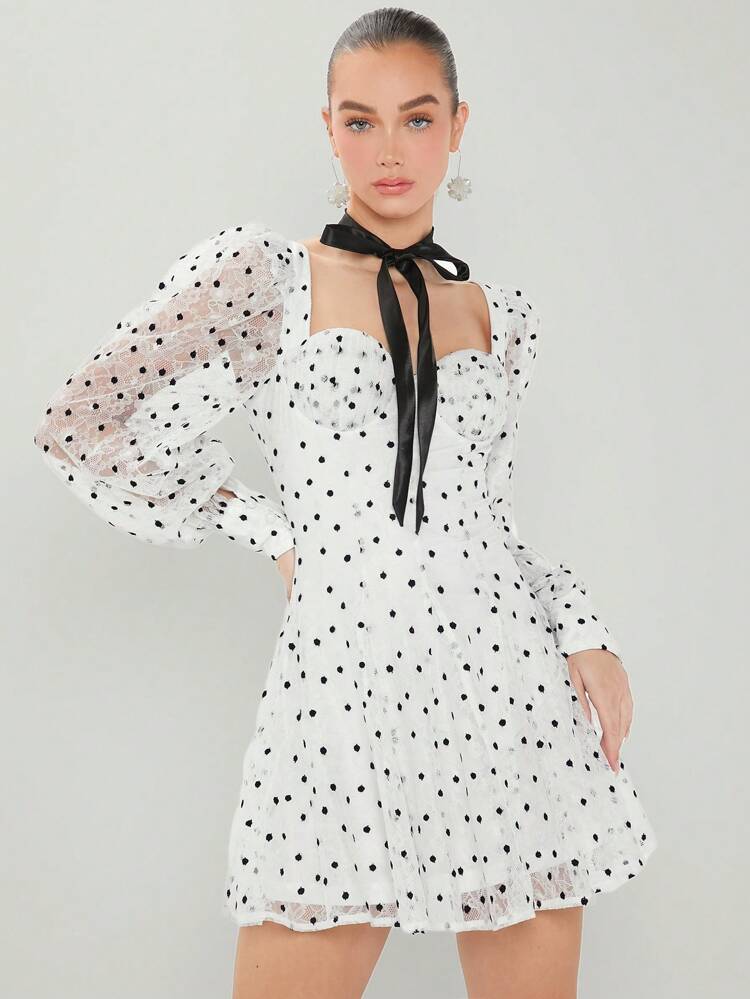 Women's Polka Dot Lace White Graduation Spring Summer Dress With Sweetheart Neckline And Lantern Sleeves
