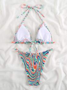 SHEIN Swim 女士大理石印花比基尼套装：两件套比基尼套装夏季海滩 - 彩色 - 查看 2