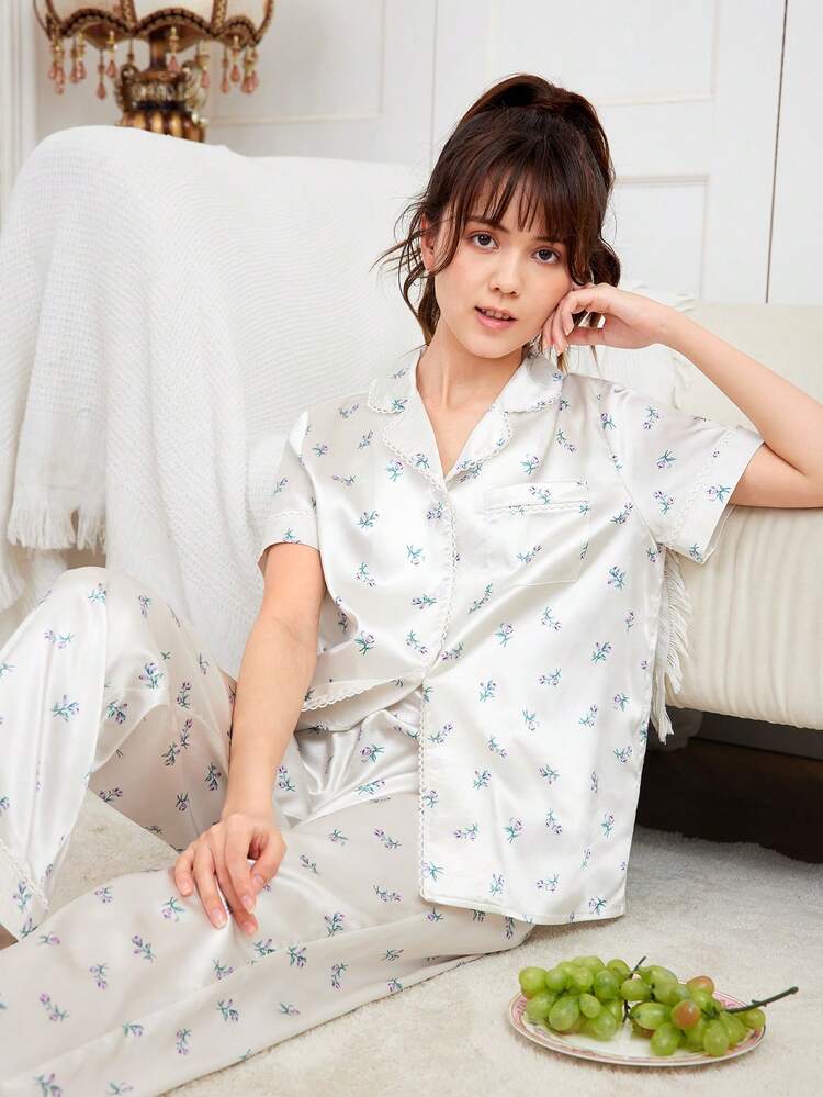 Teenage Girls' Lapel Collar Lace Hem Ditsy Floral Printed Shirt And Pants Pajama Set