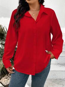 EMERY ROSE Camisa de manga larga de broche único para mujer de talla grande, ropa de Año Nuevo - Rojo - Ver 1