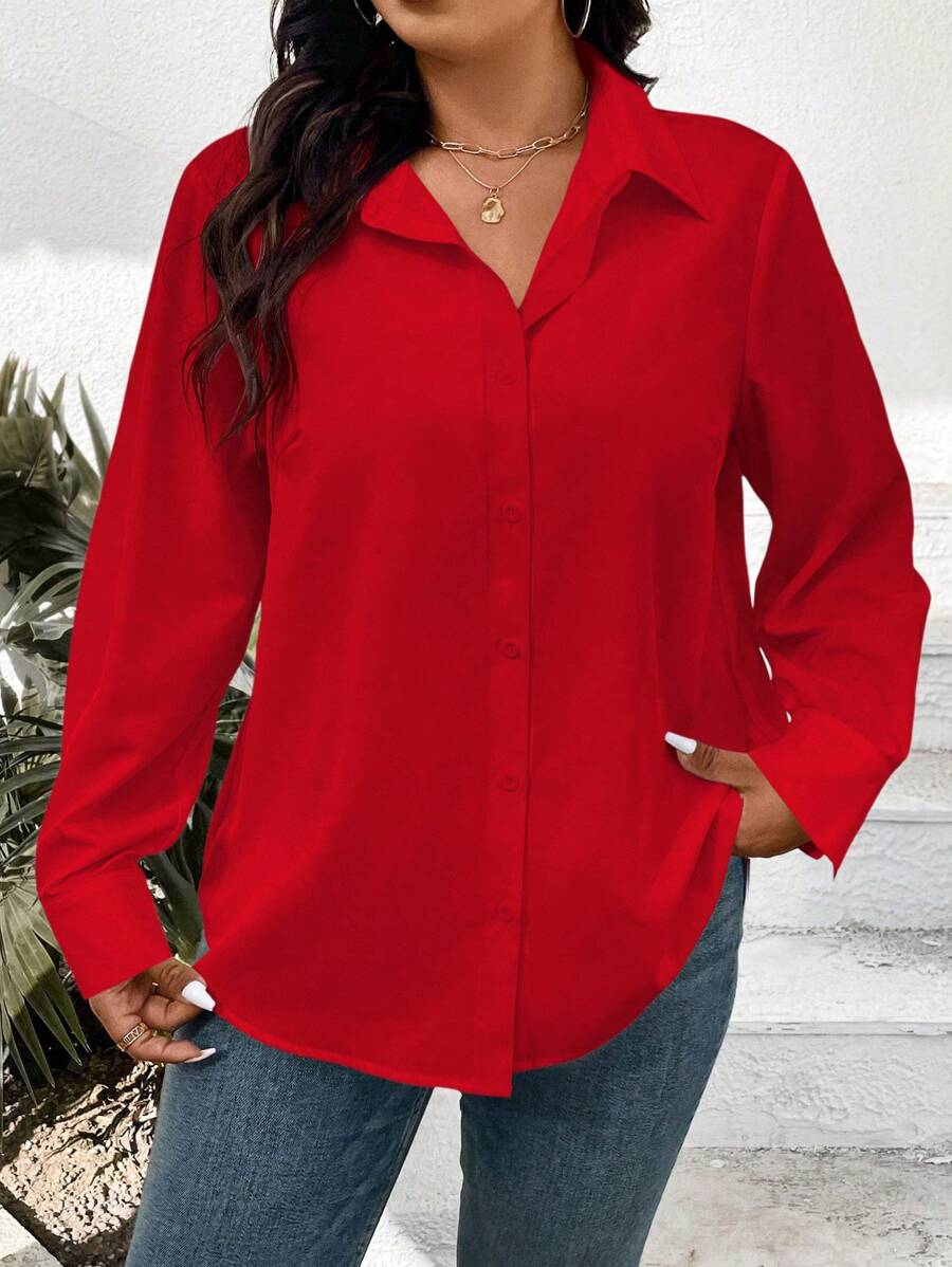 EMERY ROSE Camisa de manga larga de broche único para mujer de talla grande, ropa de Año Nuevo - Rojo - Ver 1