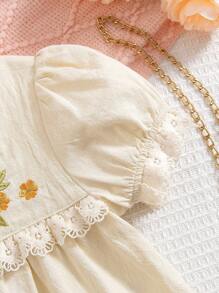 SHEIN 少女刺繡編織圓領上衣和寬腿短褲套裝 - 杏色 - 查看 4