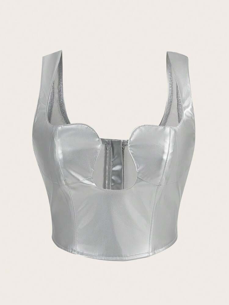 Y2k Corset Hollow Out Pu Tank Top With Asymmetrical Shaped Chest Cup