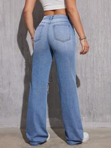 SHEIN Tall Women's High Waisted Ripped Jeans - Blue - View 2