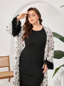 Modelyn Conjunto de 2 piezas de Chaqueta con estampado de flores y flecos y Vestido de unicolor sin mangas talla grande