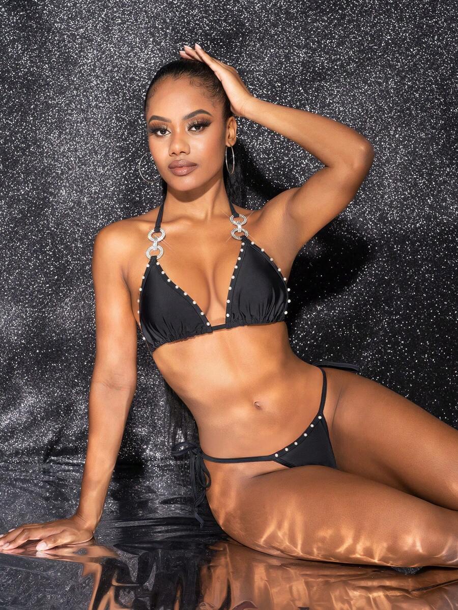 Swim SXY Conjunto de bikini de mujer con decoración de tachuelas de strass para playa de verano - Negro - Ver 1