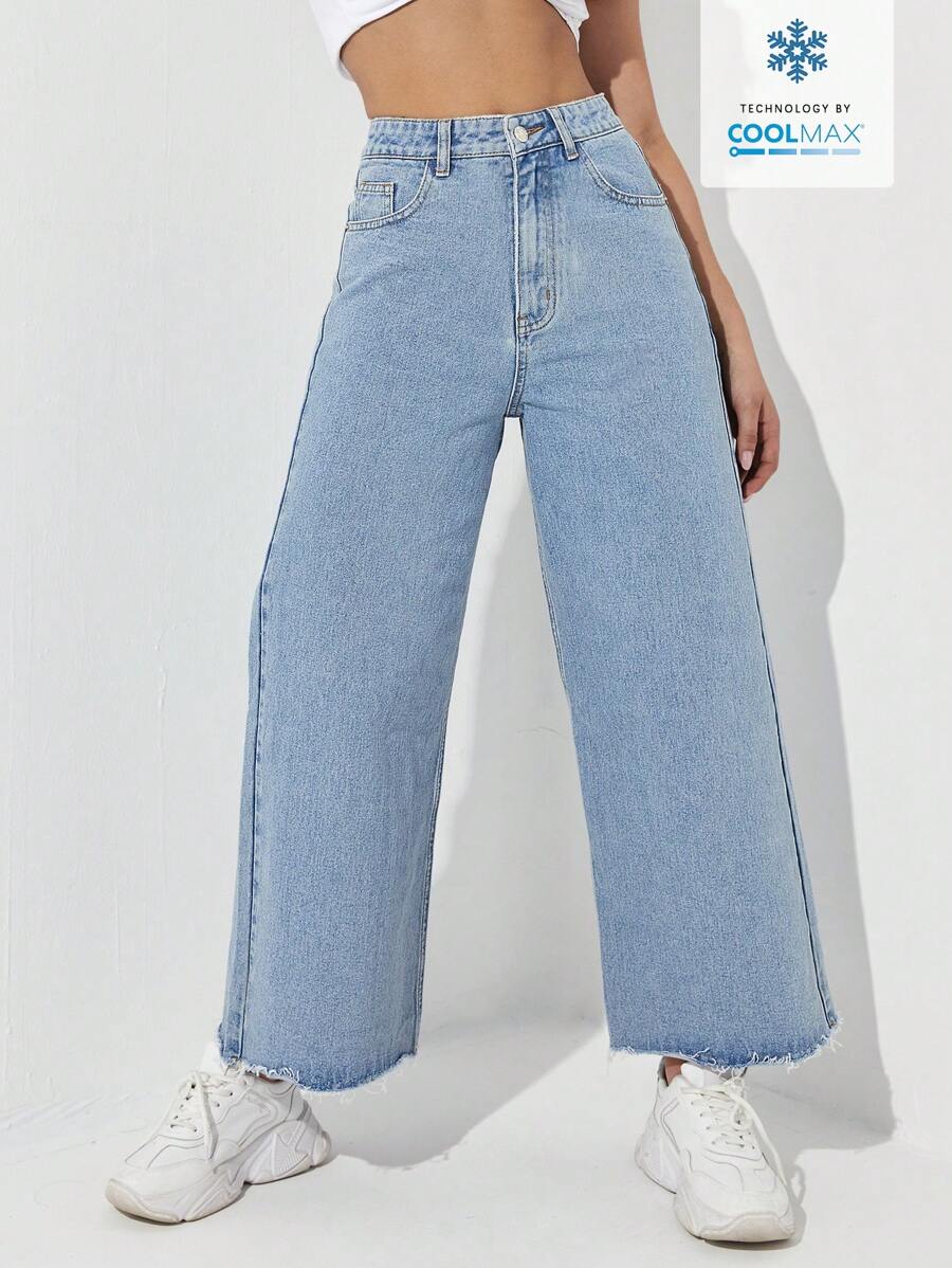 Jeanoix Coolmax涼感荷邊直筒丹寧牛仔褲 - 淺色水洗藍 - 查看 1