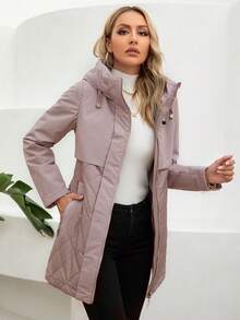 GASMAN Women Letter Embroidered Drawstring Hooded Padded Coat - Pink - View 5